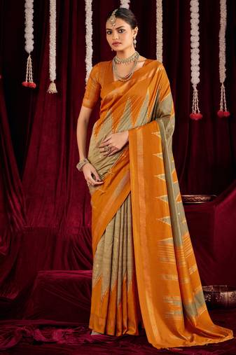 beige & orange color ikkat art silk fabric zig zag printed traditional party looks saree