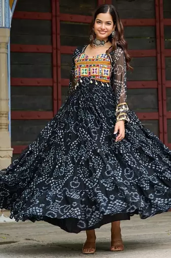 Black Faux Georgette Kutchi Patchwork Gown for Women | Semi Stitched Traditional & Festive Wear