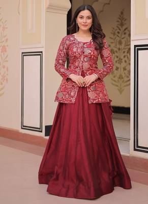 Maroon Vichitra silk blend Solid Lehenga Jacquard Blouse 5