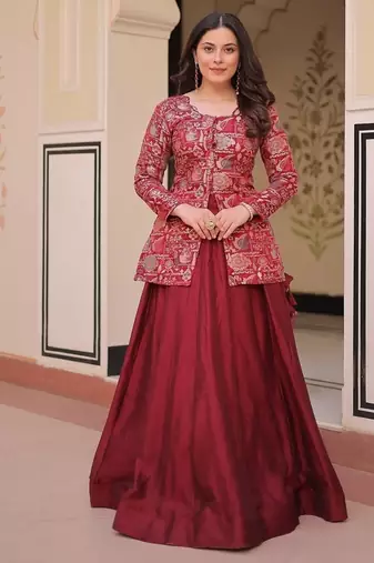 Maroon Color Vichitra silk blend Solid Lehenga Jacquard Blouse