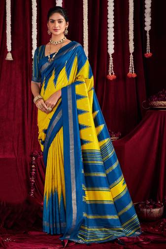 yellow & blue color ikkat art silk fabric designer zig zag printed traditional party looks saree