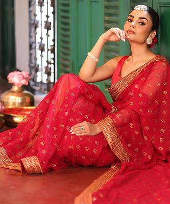 maroon embroidery work chiffon ceremonial saree 4