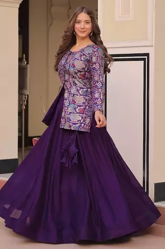 Purple Color Vichitra silk blend Solid Lehenga Jacquard Blouse