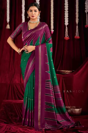 rani pink & green color ikkat art silk fabric designer zig zag printed traditional party looks saree