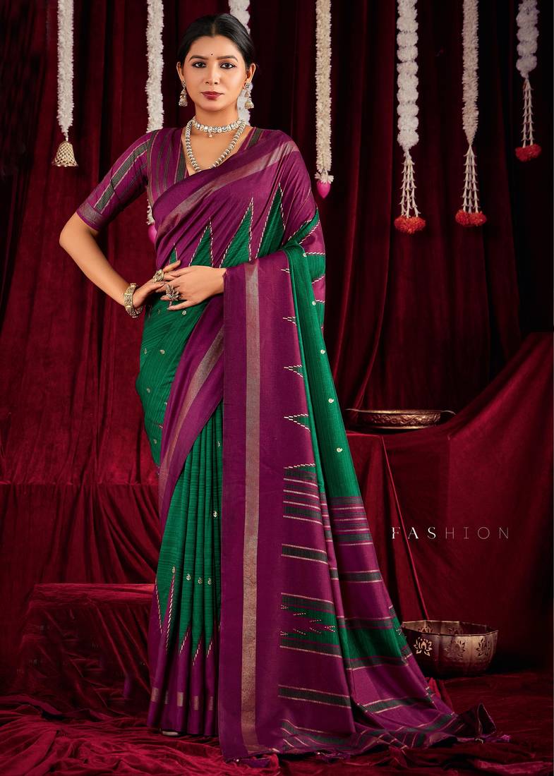 rani pink & green color ikkat art silk fabric designer zig zag printed traditional party looks saree