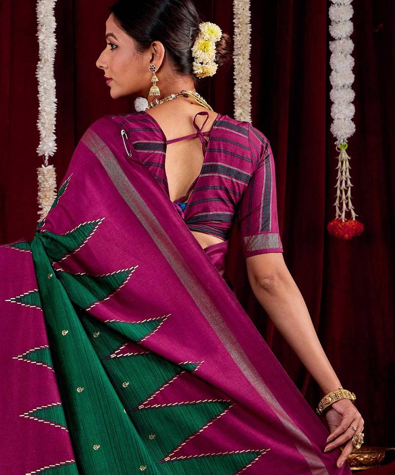 rani pink & green color ikkat art silk fabric designer zig zag printed traditional party looks saree