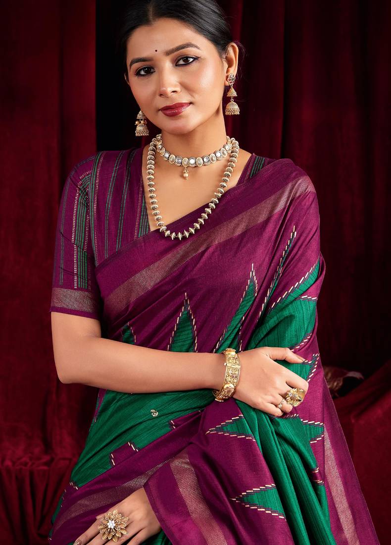 rani pink & green color ikkat art silk fabric designer zig zag printed traditional party looks saree