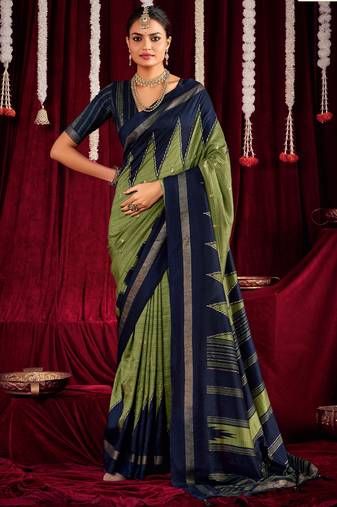 olive green & navy blue color ikkat art silk fabric designer zig zag printed traditional party looks saree