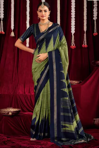 olive green & navy blue color ikkat art silk fabric designer zig zag printed traditional party looks saree