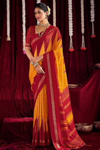 yellow & red color ikkat art silk fabric designer zig zag printed traditional party looks saree