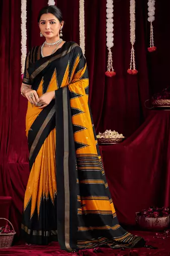yellow & black color ikkat art silk fabric designer zig zag printed traditional party looks saree
