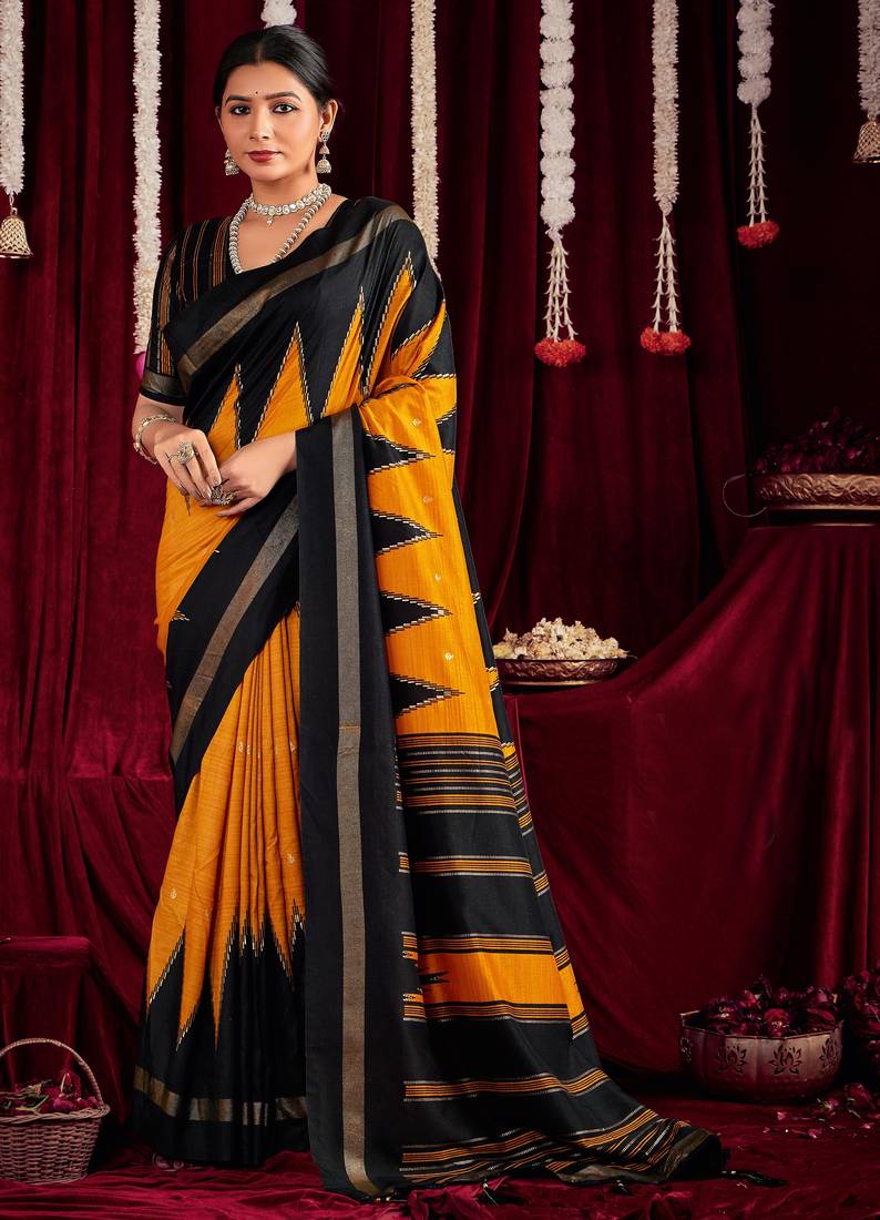 yellow & black color ikkat art silk fabric designer zig zag printed traditional party looks saree