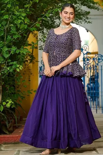 Purple Color Fendi silk blend Solid Lehenga Embroidered Blouse