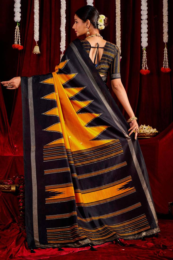 yellow & black color ikkat art silk fabric designer zig zag printed traditional party looks saree