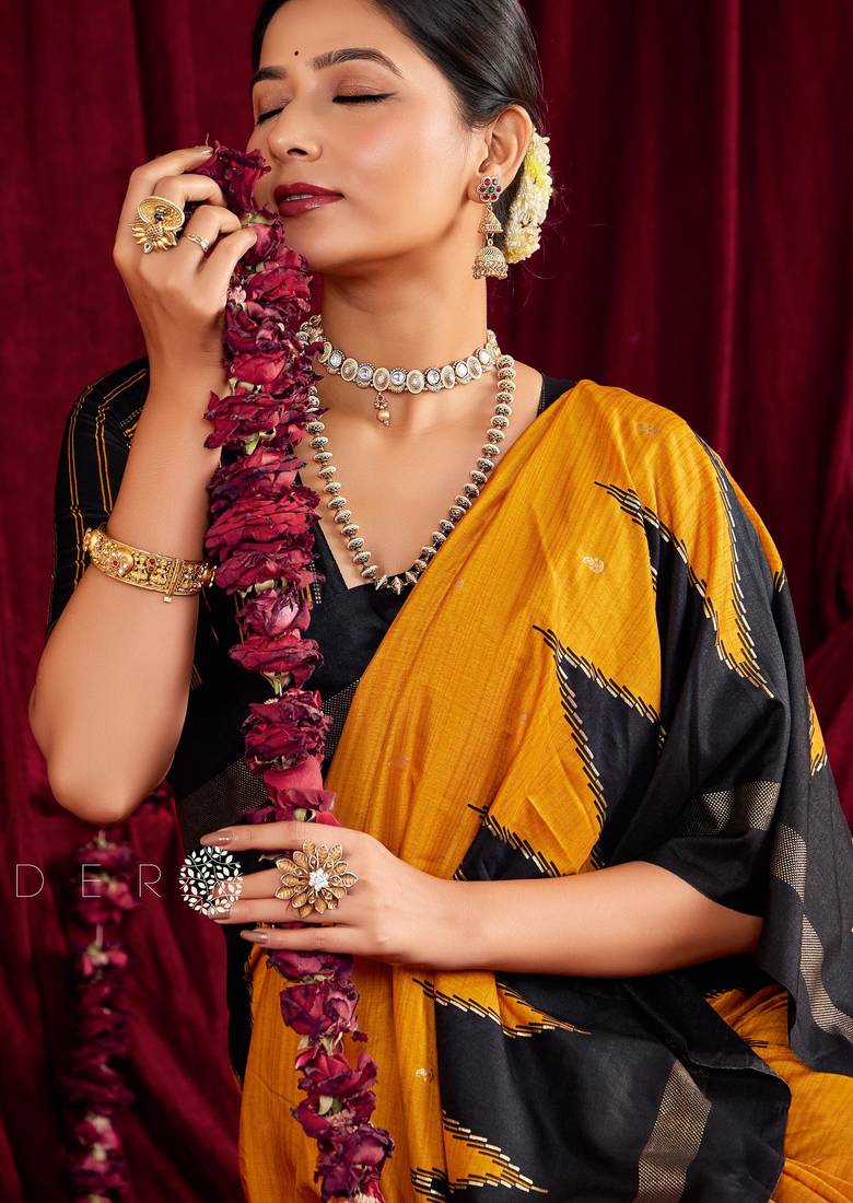 yellow & black color ikkat art silk fabric designer zig zag printed traditional party looks saree