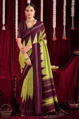 pista green & wine color ikkat art silk fabric designer zig zag printed traditional party looks saree