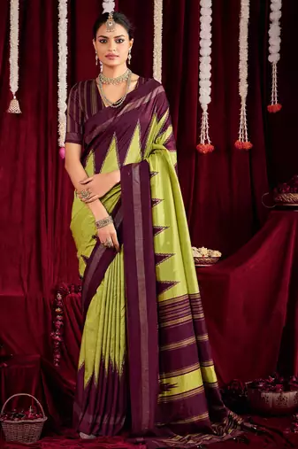 pista green & wine color ikkat art silk fabric designer zig zag printed traditional party looks saree