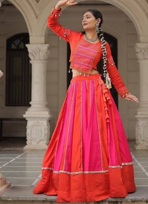 Orange silk blend Mirror Work Lehenga Embroidered Blouse 5