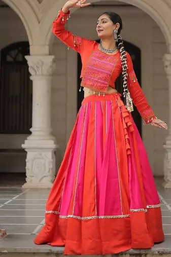 Orange Color silk blend Mirror Work Lehenga Embroidered Blouse
