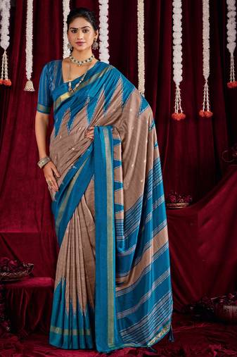 brown & blue color ikkat art silk fabric designer zig zag printed traditional party looks saree