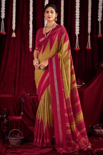 mustard & pink color ikkat art silk fabric designer zig zag printed traditional party looks saree