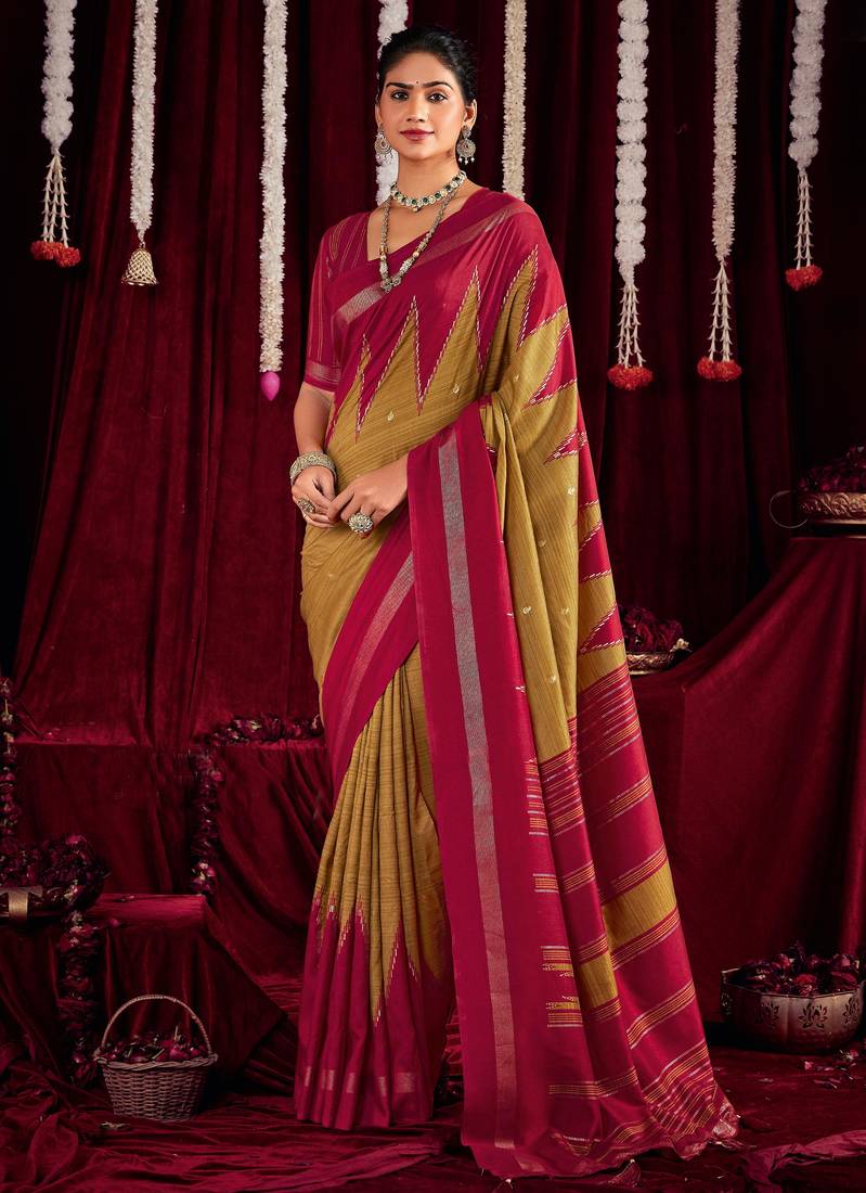mustard & pink color ikkat art silk fabric designer zig zag printed traditional party looks saree