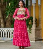 Pink Faux Georgette Kutchi Patchwork Semi Stitched Gown for Women | Vibrant Festival Wear Gown