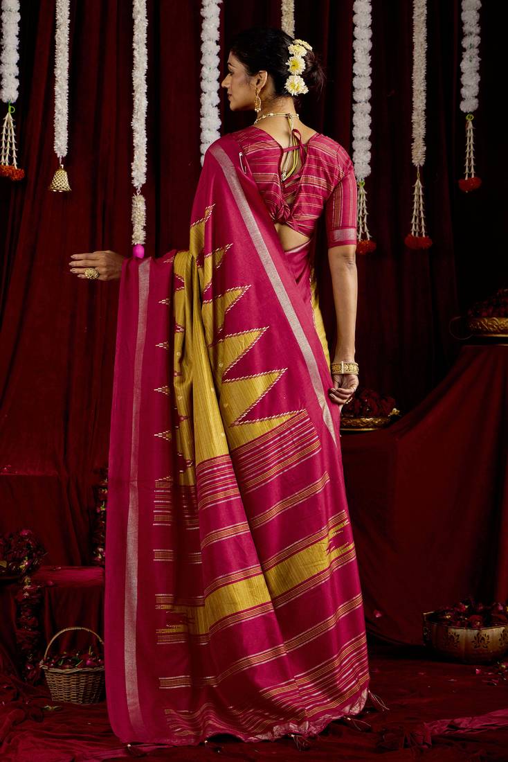 mustard & pink color ikkat art silk fabric designer zig zag printed traditional party looks saree