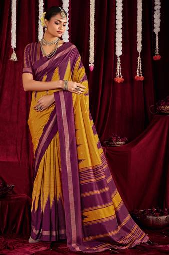 mustard & wine color ikkat art silk fabric designer zig zag printed traditional party looks saree