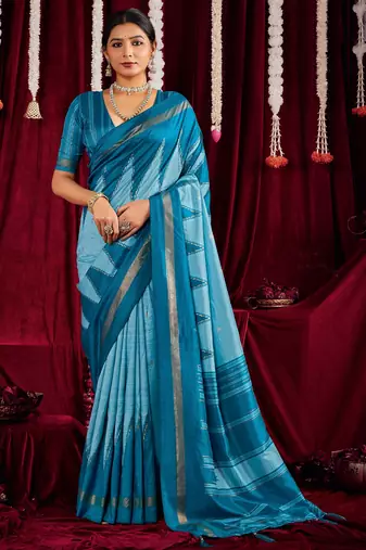 blue color ikkat art silk fabric designer zig zag printed traditional party looks saree