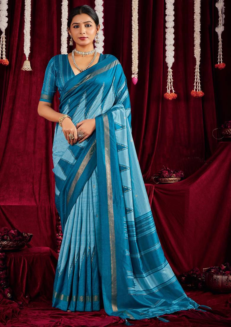 blue color ikkat art silk fabric designer zig zag printed traditional party looks saree