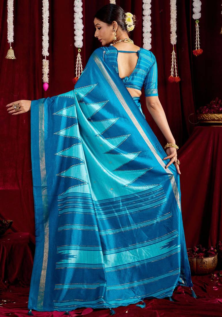 blue color ikkat art silk fabric designer zig zag printed traditional party looks saree