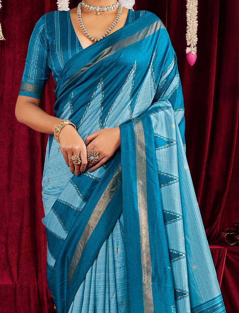 blue color ikkat art silk fabric designer zig zag printed traditional party looks saree