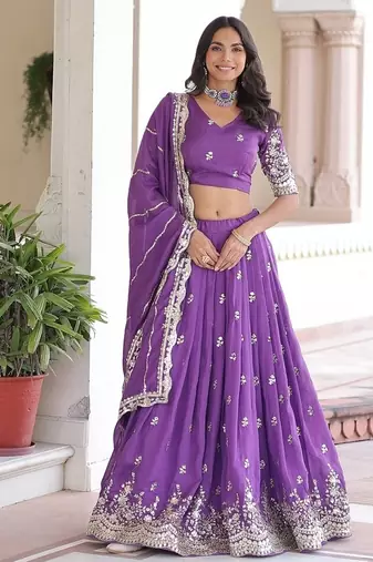Purple Color Vichitra silk blend Sequins Zari Multi Embroidered Lehenga Choli With Dupatta