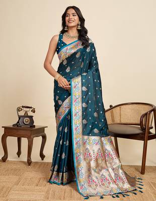 teal teal wevon meenakari sophisticated ceremonial saree 1