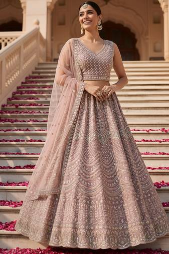 Enchanting Pink Handwork Crystal Pipe, Handwork Beads, Sequins and Dori Embroidered Net Lehenga Choli