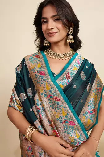 green green wevon meenakari sophisticated ceremonial saree