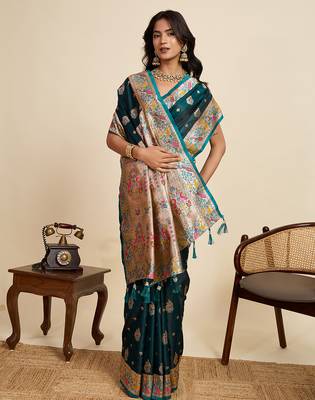 green green wevon meenakari sophisticated ceremonial saree 4