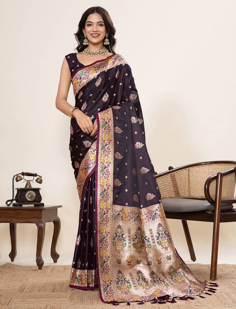 wine color wine fabric wevon meenakari designer sophisticated ceremonial saree
