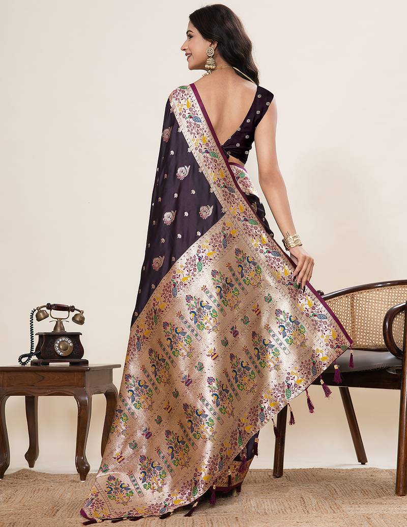 wine color wine fabric wevon meenakari designer sophisticated ceremonial saree
