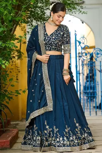 Blue Color Vichitra silk blend Sequins Embroidered Lehenga Choli With Dupatta