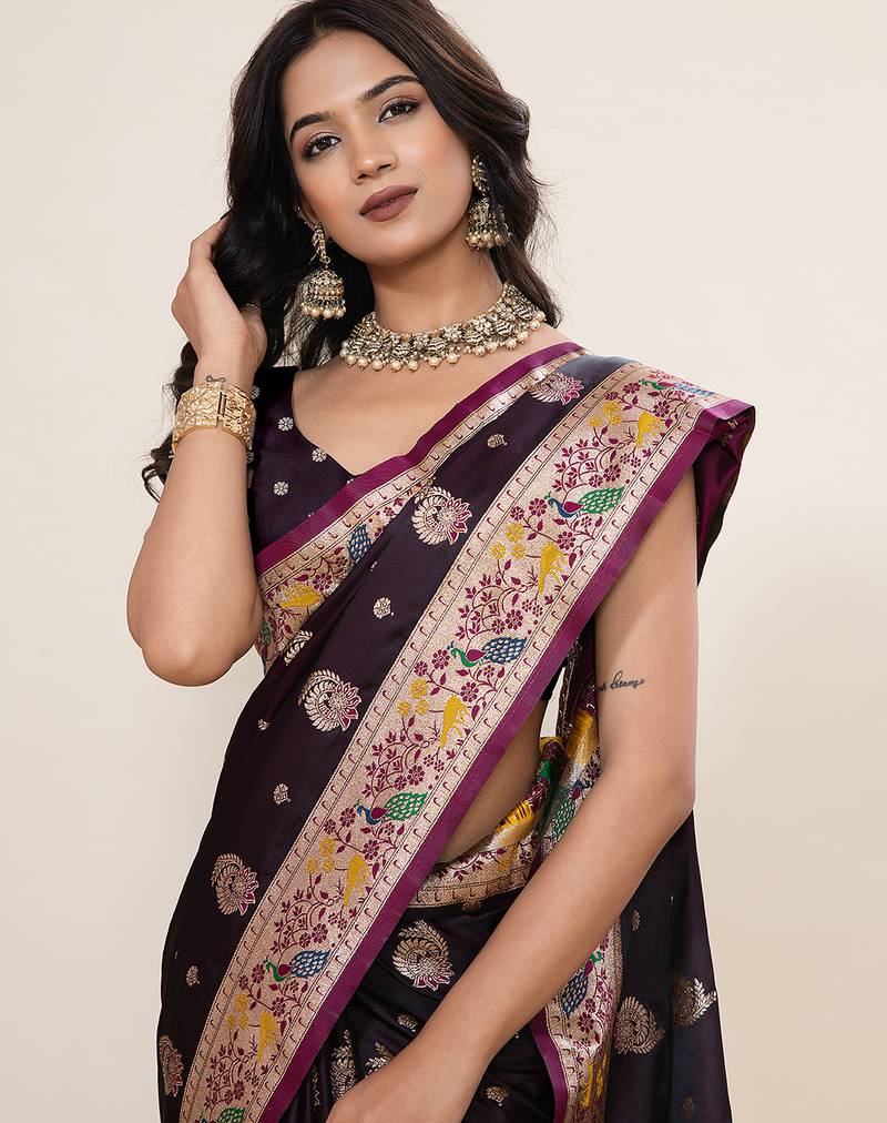 wine color wine fabric wevon meenakari designer sophisticated ceremonial saree
