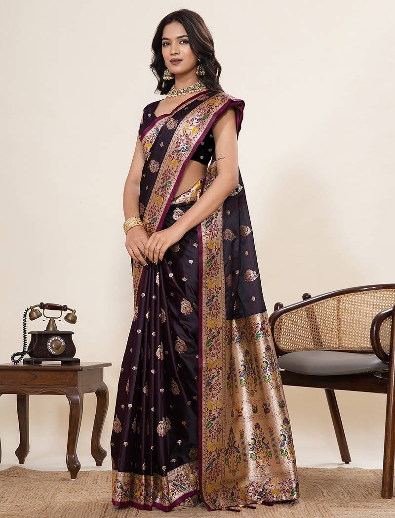 wine color wine fabric wevon meenakari designer sophisticated ceremonial saree