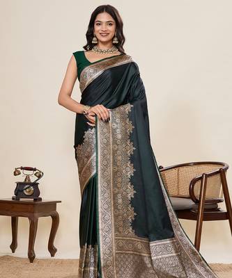 green satin silk blend wevon zari ethnic partywear saree 1