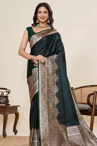 green color satin silk blend fabric wevon jari designer ethnic partywear saree