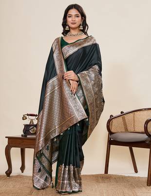 green satin silk blend wevon zari ethnic partywear saree 4