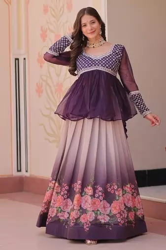 Purple Color Cosmos Flower Printed Lehenga Top