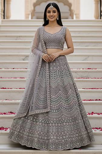 Catching Heather Handwork Crystal Pipe, Handwork Beads, Sequins and Dori Embroidered Net Bridal Lehenga Choli