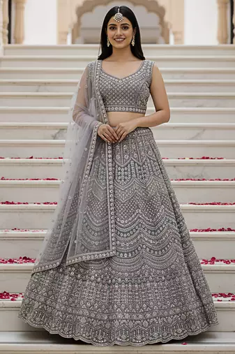 Catching Heather Handwork Crystal Pipe, Handwork Beads, Sequins and Dori Embroidered Net Bridal Lehenga Choli