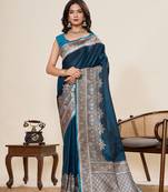 teal color satin silk blend fabric wevon jari ethnic partywear saree